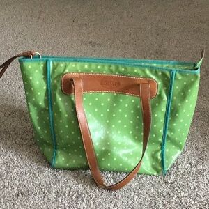 Fossil green vinyl large shoulder bag with brown handles